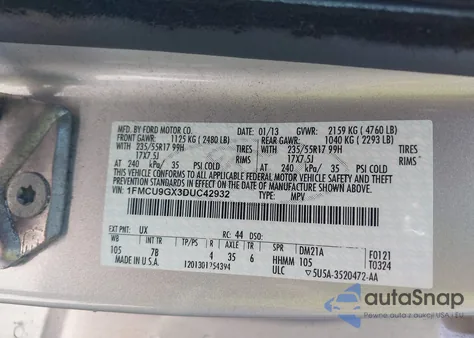 2013 Ford Escape Se from USA, damaged, VIN 1FMCU9GX3DUC42932